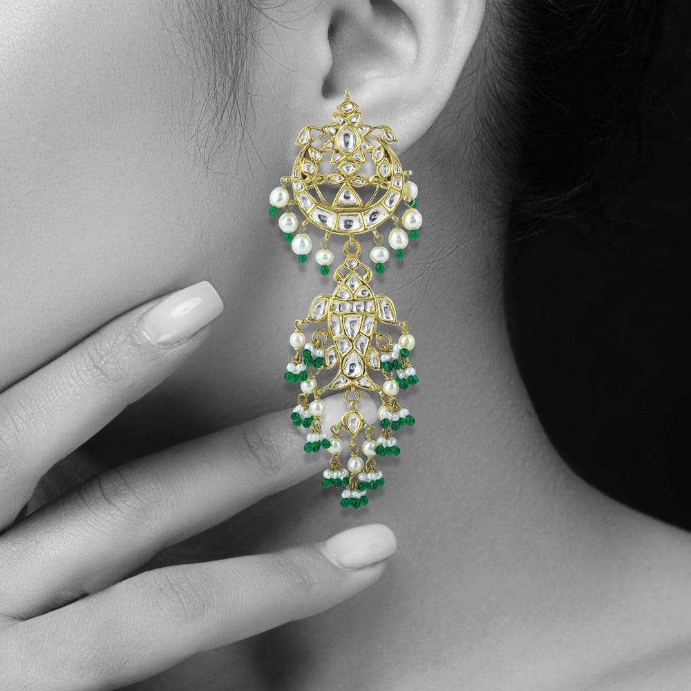 Polki Chandelier Earrings with Green Beads and Pearl Cascades